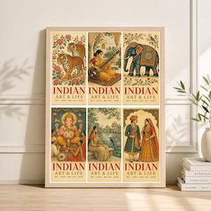 May include: A framed print featuring six panels with vintage-style illustrations of Indian art and life. The panels depict tigers, musicians, elephants, deities, and couples. Each panel includes the text "INDIAN ART & LIFE" and "NOT - APRIL - MAY 1951 - BAPP".