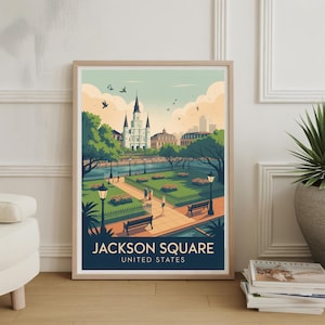 Könnte beinhalten: Ein gerahmter Kunstdruck von Jackson Square in New Orleans. Die Illustration zeigt einen Park mit einem Weg, Bänken und Laternen, mit der St. Louis Cathedral im Hintergrund. Der Text "JACKSON SQUARE UNITED STATES" befindet sich unten.
