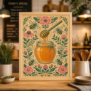 May include: A framed print featuring a jar of honey with a honey dipper, surrounded by bees, pink flowers, and green foliage. The artwork has a vintage, hand-drawn style with a warm color palette, perfect for kitchen or dining room decor.