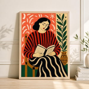 Woman Reading Book Art Print, 70s Retro Poster, Expressionist Figurative Wall Decor image 1