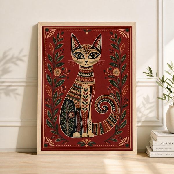 Estampado de gato folclórico escandinavo, arte mural botánico de animales, decoración folclórica vintage
