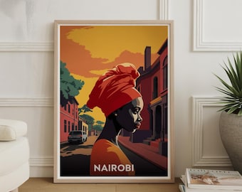 Plakat podróżniczy z Nairobi w stylu retro: afrykańska sztuka ścienna w stylu safari
