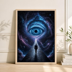 May include: Framed art print depicting a surreal cosmic scene. A person walks towards a giant eye in a swirling nebula of blues and purples. The artwork is set in a light wood frame, creating a striking visual contrast.