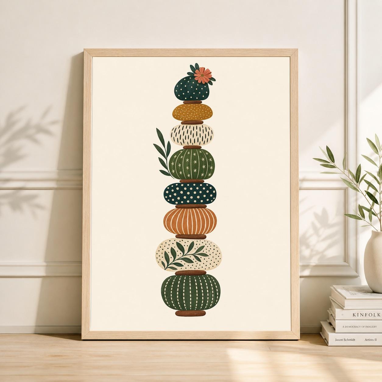 Green Abstract Poster, Vertical Stacked Botanical Forms, Textile