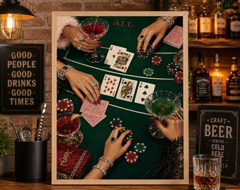 Casino Night Art Print, Poker Table and Cocktails, Vegas Glam Decor
