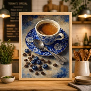 May include: A framed painting of a cup of coffee on a blue floral saucer with a silver spoon. Scattered around are blueberries and coffee beans. The cup and saucer have a blue and white floral design. The painting is in a wooden frame.