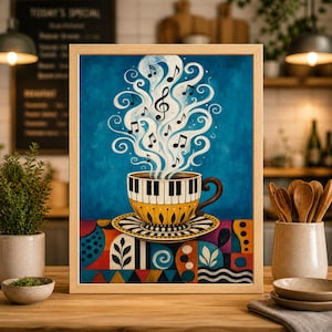 May include: A framed art print depicts a coffee cup with piano keys on the cup. Steam rises from the cup, forming musical notes and symbols against a blue background. The cup sits on a saucer with a colorful, patterned design.