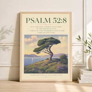 May include: Framed art print featuring the text "PSALM 52:8" and a quote. The artwork depicts a landscape with a tree, water, and mountains. The title "THE BONAVENTURE PINE (1893) BY PAUL SIGNAC" is at the bottom.