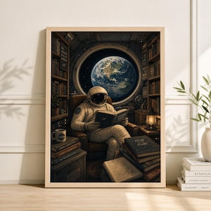 May include: A framed print depicts an astronaut in a space station reading a book, with Earth visible through a large circular window. Bookshelves and a lamp surround the astronaut, creating a cozy, intellectual atmosphere. A NASA mug sits on a stack of books.