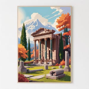Puede incluir: Una impresión enmarcada que representa un templo clásico con columnas, sobre un fondo de montañas y cielo azul. La obra de arte presenta una paleta de colores vibrantes con árboles naranjas y hierba verde, evocando la historia y la naturaleza.