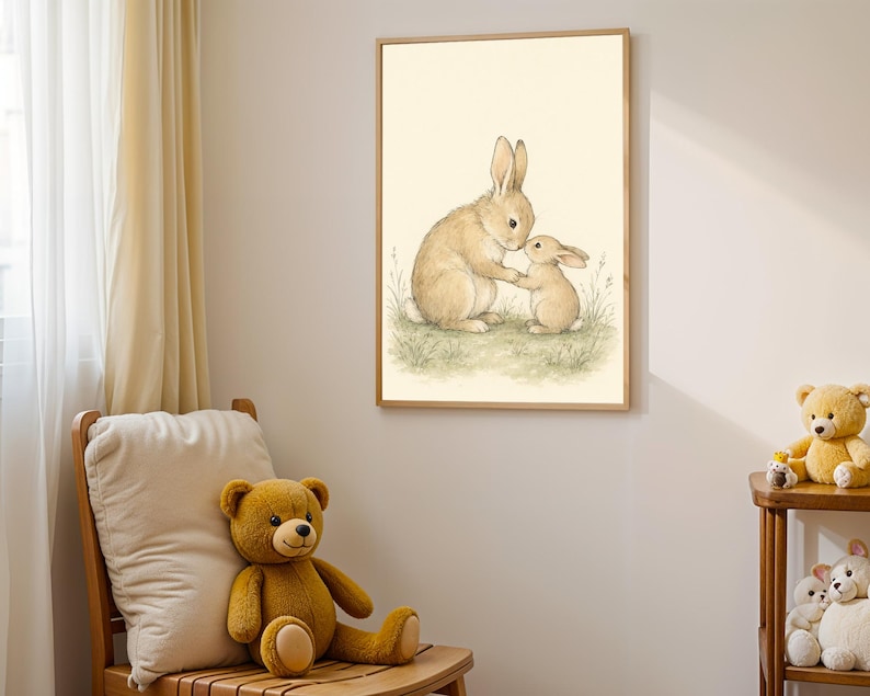 Rabbit Nursery Print, Woodland Bunny Wall Art, Parent and Child Watercolor Illustration image 2
