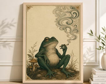 Lámina artística de rana de estilo japonés vintage, póster de anfibio fumando, decoración de pared con arte lineal surrealista.