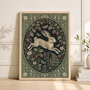 Hare Blackberry Folk Art Print, Cottagecore Woodland Nature Poster