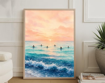 Retro Swimming Poster, Beachy Coastal Wall Art, Watercolor Ocean Sunset Print, Swimmer Beach Decor