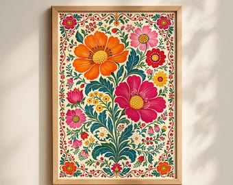 Vintage Mexican Floral Print, Folk Art Botanical Wall Art, Colorful Wildflower Poster