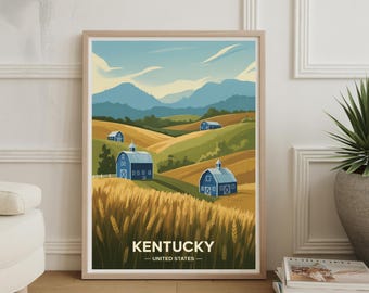 Kentucky Barns Landscape Vintage Travel Poster, Bluegrass State Wall Art
