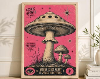 Pink Ufo Mushroom Poster | Retro Sci Fi Fungi Art Print | Surreal Wall Decor