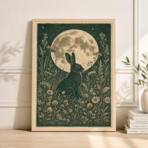 May include: A framed print depicting a black rabbit in a field of flowers, with a full moon in the background. The artwork has a vintage style, using a dark green and beige colour scheme. The print is presented in a light-coloured wooden frame.