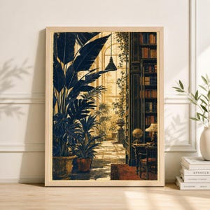 May include: A framed art print depicting an interior scene with lush plants, a library, and a desk. The artwork features a color palette of navy blue, beige, and brown. The print is in a light-colored wooden frame.