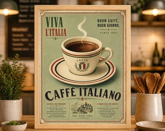 May include: A framed vintage-style print featuring a cup of coffee on a saucer, with the text "CAFFE ITALIANO." The print has a light green background with red and green accents. The words "VIVA L'ITALIA" and "BUON CAFFÈ, BUON GIORNO" are also visible.