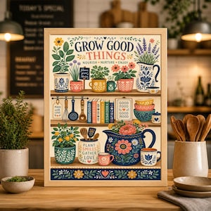 Volkskunst keukenprint, boho Scandinavische plankkunst, potplanten, bloemen (digitale download)