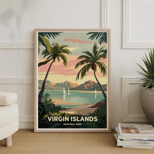 May include: Framed vintage travel poster for Virgin Islands National Park. The artwork features palm trees, sailboats on the water, and a colorful sunset. The text "VIRGIN ISLANDS NATIONAL PARK" is displayed at the bottom.