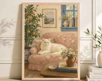 White Cat Art Print, Vintage Floral Sofa, Cozy Home Decor Wall Art