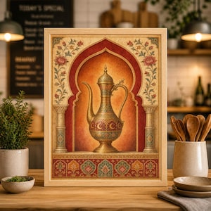 May include: A framed print featuring an ornate golden teapot within an archway design. The artwork has a warm color palette with red, gold, and brown tones. Floral and geometric patterns decorate the frame and arch, creating an elegant aesthetic.