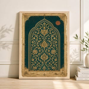 Teal Persian Arch Poster, Islamic Pattern Wall Art, Ornamental Floral Illustration