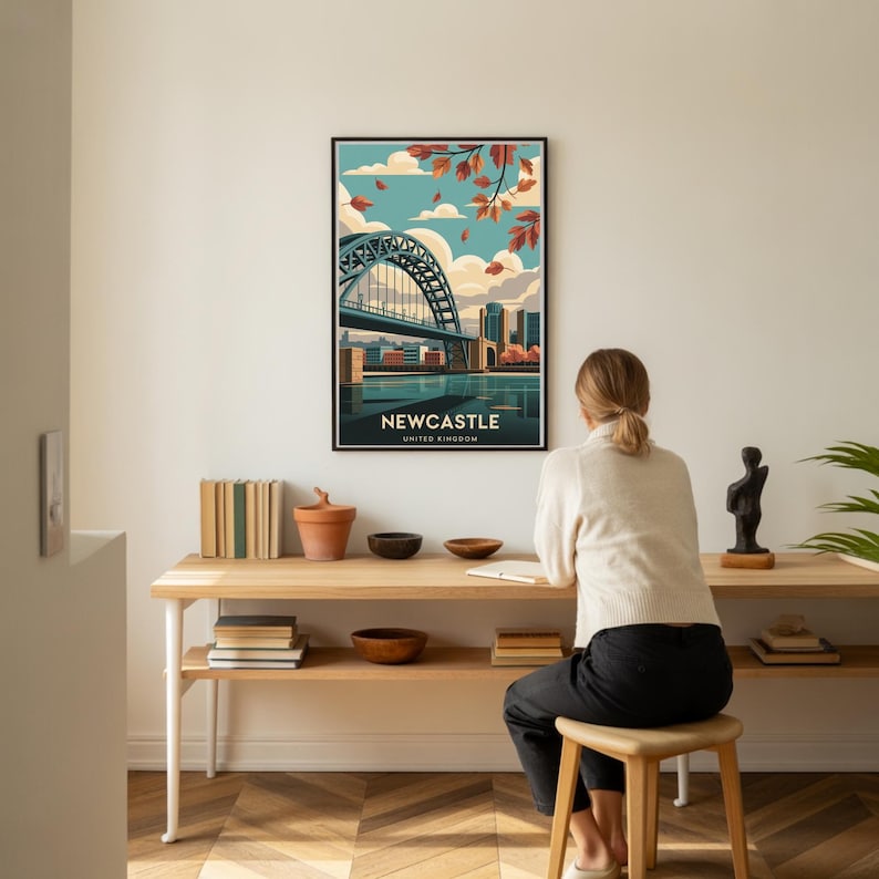 Newcastle Cityscape Art Print: Tyne Bridge, UK Travel Poster image 2