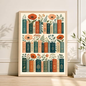 May include: A framed botanical print featuring a collection of vintage books with floral illustrations. The books are in shades of teal, orange, and beige, with poppy and other flower accents. The artwork is displayed on a cream-colored background.
