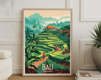Bali Travel Poster - Indonesia Wall Art, Maximalist Decor, Mid-Century Modern, Vibrant Home Office Decor