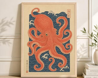 Blue Orange Octopus Poster, Japanese Linocut Illustration, Sea Life Art