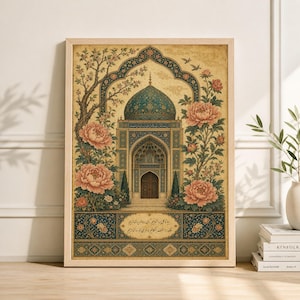 May include: Framed art print featuring an ornate architectural design with a teal dome and intricate detailing. The artwork is framed with a light wood border and includes peach-colored flowers and a tree. The print has a vintage aesthetic.