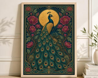 Golden Peacock Art Print, Indian Folk Art, Botanical Floral Wall Decor