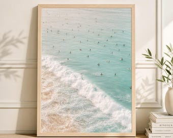 Retro Swimming Print, Beachy Coastal Wall Art, Aerial Ocean Surf Photography