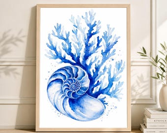 Lámina decorativa de pared con nautilo de coral azul, póster náutico costero, decoración para casas de playa.