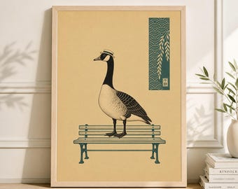Goose Bench Poster, Minimal Animal Wall Art, Vintage Woodblock Style Paper Print
