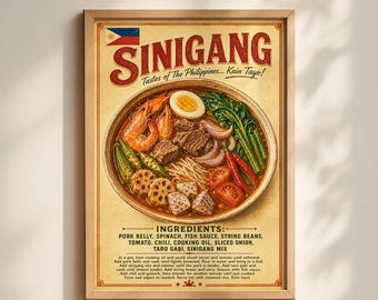 Lámina artística de comida filipina Sinigang, decoración de cocina asiática, póster vintage de comida filipina.