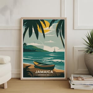 Jamaica Travel Poster, Retro Wall Art, Caribbean Destination Decor, Home & Office Artwork