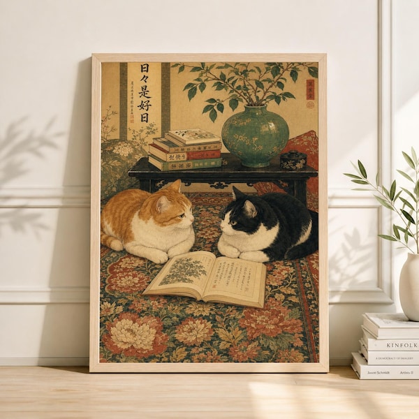 Dos gatos leyendo sobre una alfombra, lámina artística de estilo japonés vintage con gatos, decoración acogedora para el hogar.