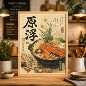 May include: A framed print featuring a Japanese-style illustration of a seafood hot pot. The artwork includes a bowl filled with crab, shrimp, and vegetables, with Japanese text and floral accents. The frame is a light wood color.