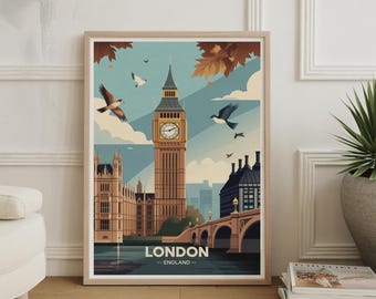 London Travel Poster – Big Ben Cityscape Art, England Wall Decor