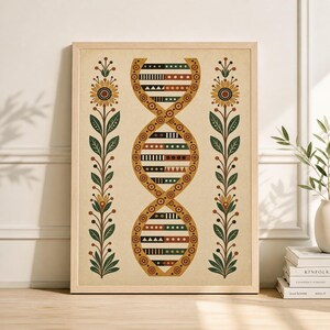 May include: A framed art print featuring a stylized DNA double helix design. The artwork incorporates geometric patterns and colors like brown, green, red, and yellow. Floral elements flank the central design, creating a balanced and decorative composition.