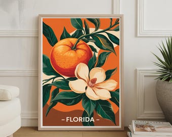 Póster de flor de naranja de Florida: arte botánico de viaje, decoración de pared con flores estatales para el hogar y la oficina