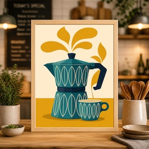 May include: A framed art print featuring a teal coffee maker and matching cup with white oval designs. The artwork has a retro style with yellow and cream-colored accents, set against a yellow and cream background. The print is in a wooden frame.