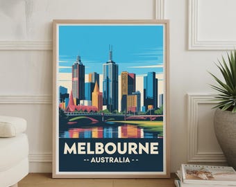 May include: Framed art print featuring a colorful, stylized depiction of the Melbourne, Australia skyline. The image showcases a vibrant cityscape with tall buildings, a bridge, and water, under a bright blue sky. The text "MELBOURNE -- AUSTRALIA --" is displayed at the bottom.
