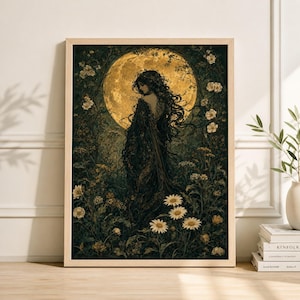Moon Goddess Art Print, Ethereal Floral Woman Portrait, Mystical Art Nouveau Botanical Illustration