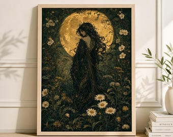 Lámina artística de la Diosa de la Luna, retrato etéreo de mujer con flores, ilustración botánica mística Art Nouveau.