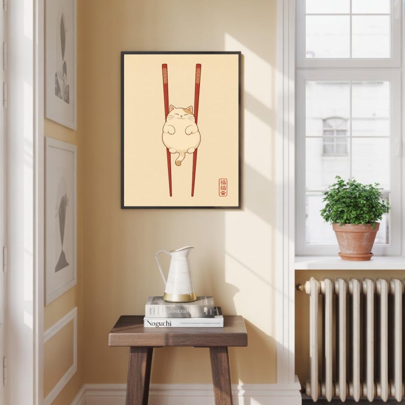 Lámina artística de gato japonés, decoración de pared minimalista zen, póster de palillos con gato imagen 4